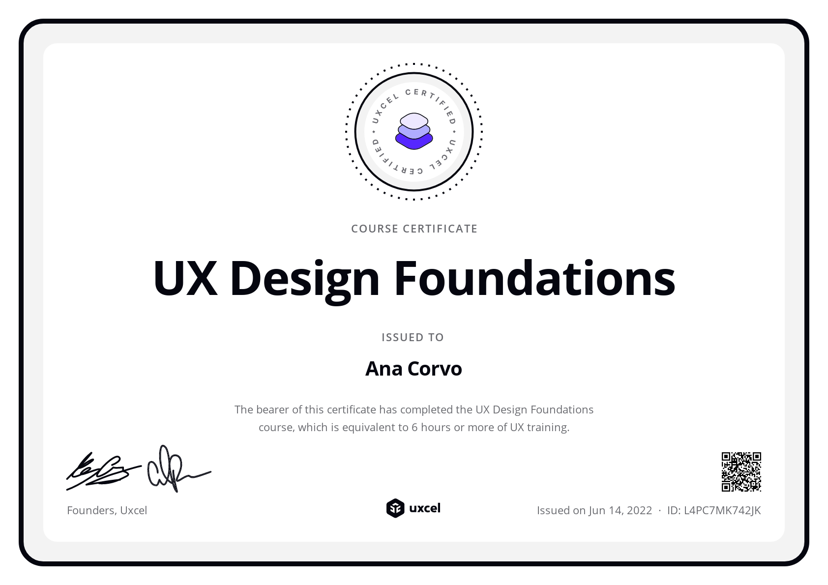 Ana Corvo's certificate